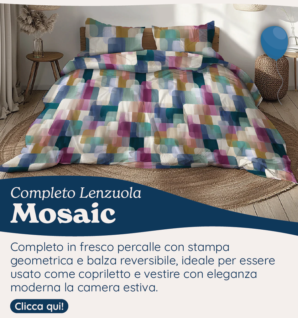 Completo Lenzuola Copriletto in Percalle di Cotone con Stampa Geometrica - Mosaic