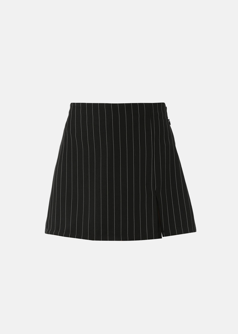 Tailored black mini skirt with white vertical pinstripes, high waist and small front slit