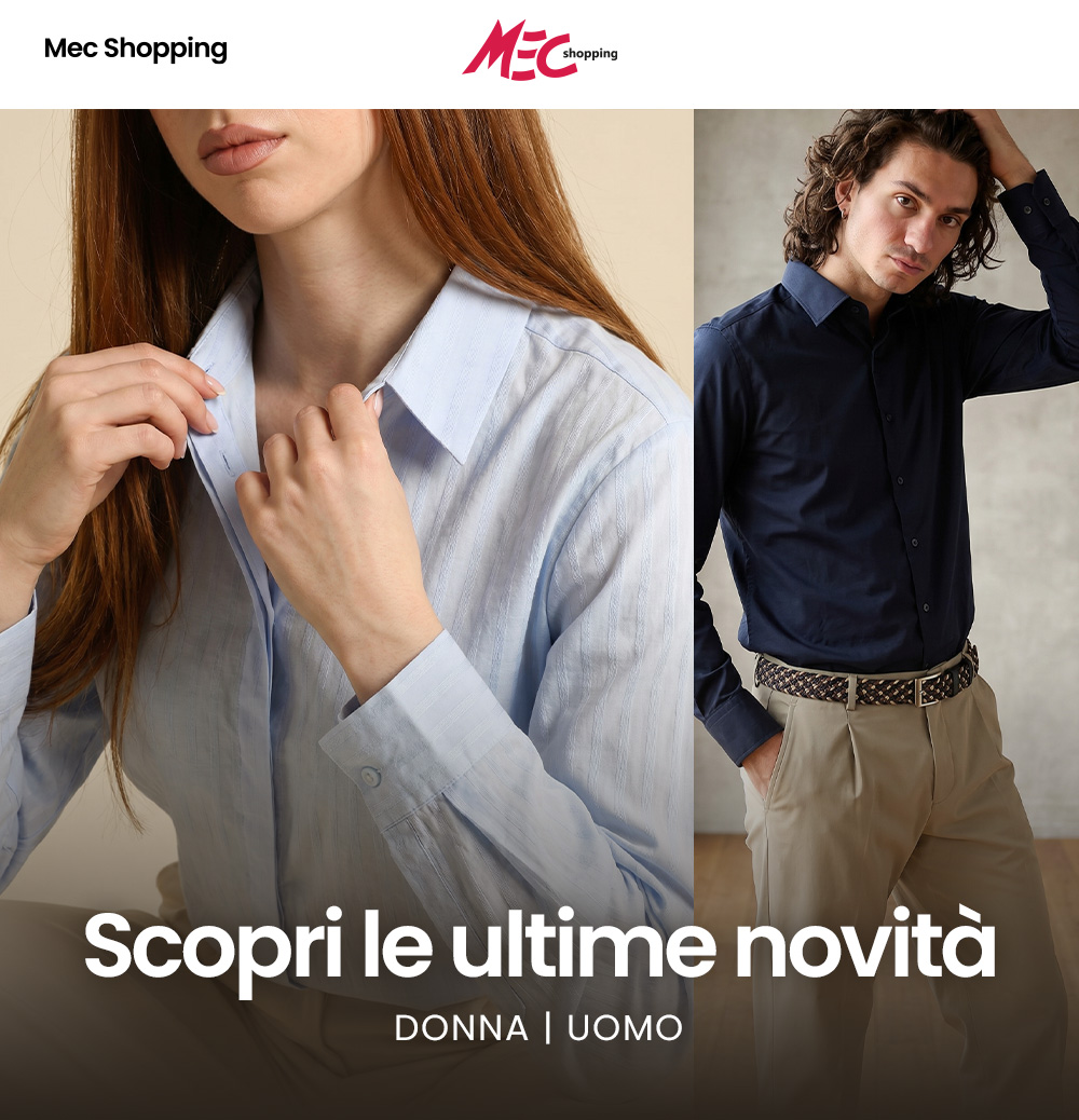 Promotional banner showing a woman adjusting a light-blue shirt and a man in a navy shirt with beige trousers for MEC Shopping