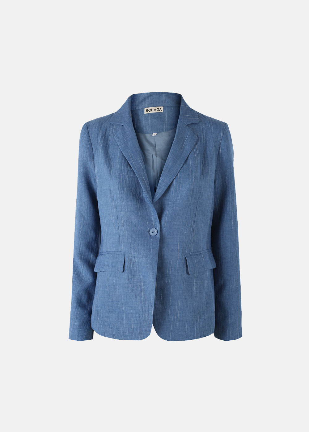 Women's blue single-button linen-blend blazer with notch lapels and flap pockets on white background