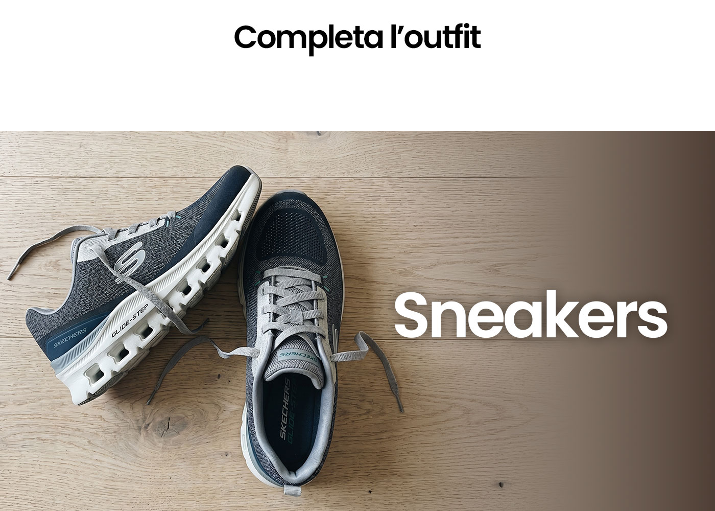 Pair of grey Skechers Glide‑Step sneakers with untied laces on a light wooden floor, product hero image