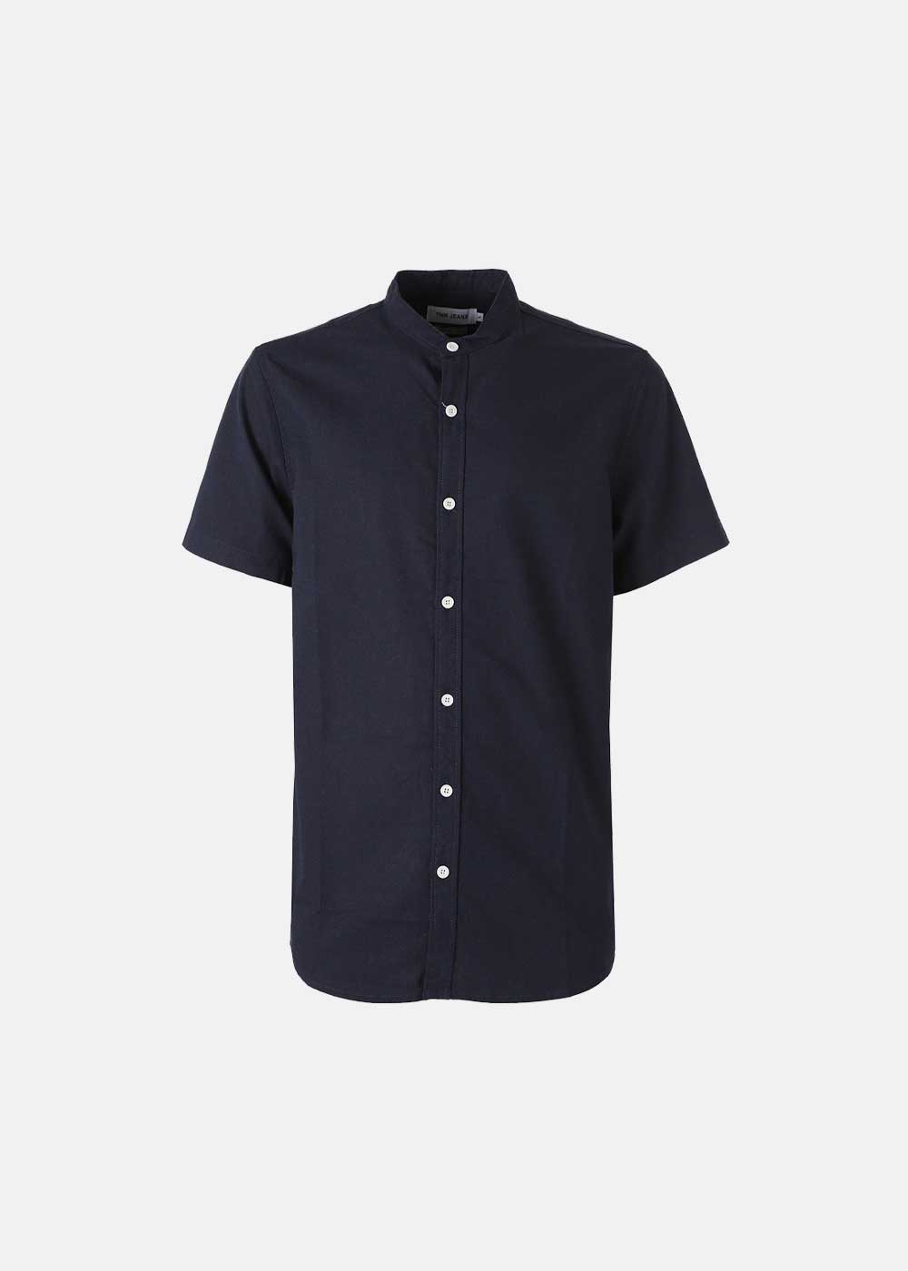 Navy short-sleeve grandad-collar shirt with white front buttons, tailored slim fit