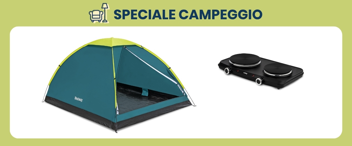 Green two-person dome camping tent and black portable double-burner electric stove on white background with 'Speciale Campeggio' banner