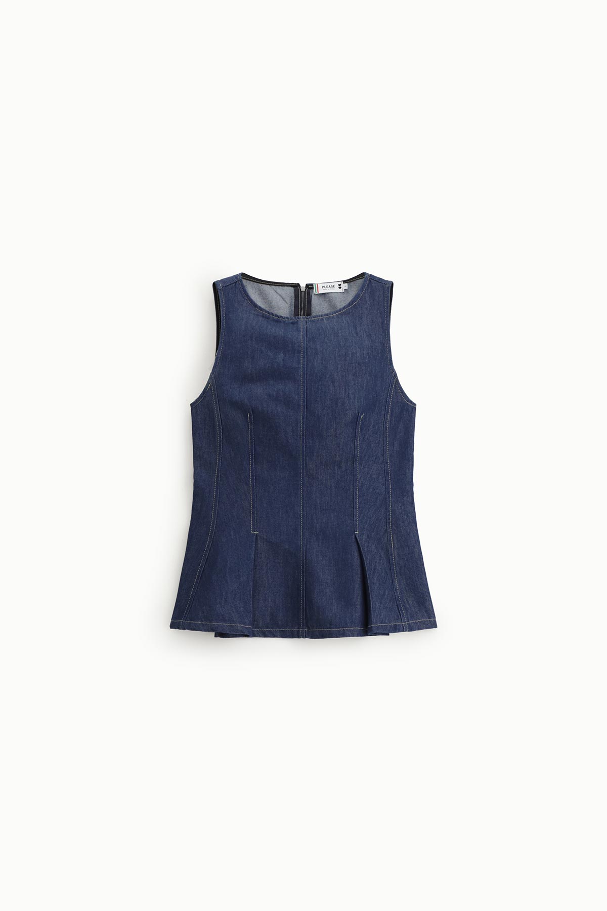 Women's dark blue denim sleeveless peplum top with round neck and centre-back zip, visible seams and gentle flare