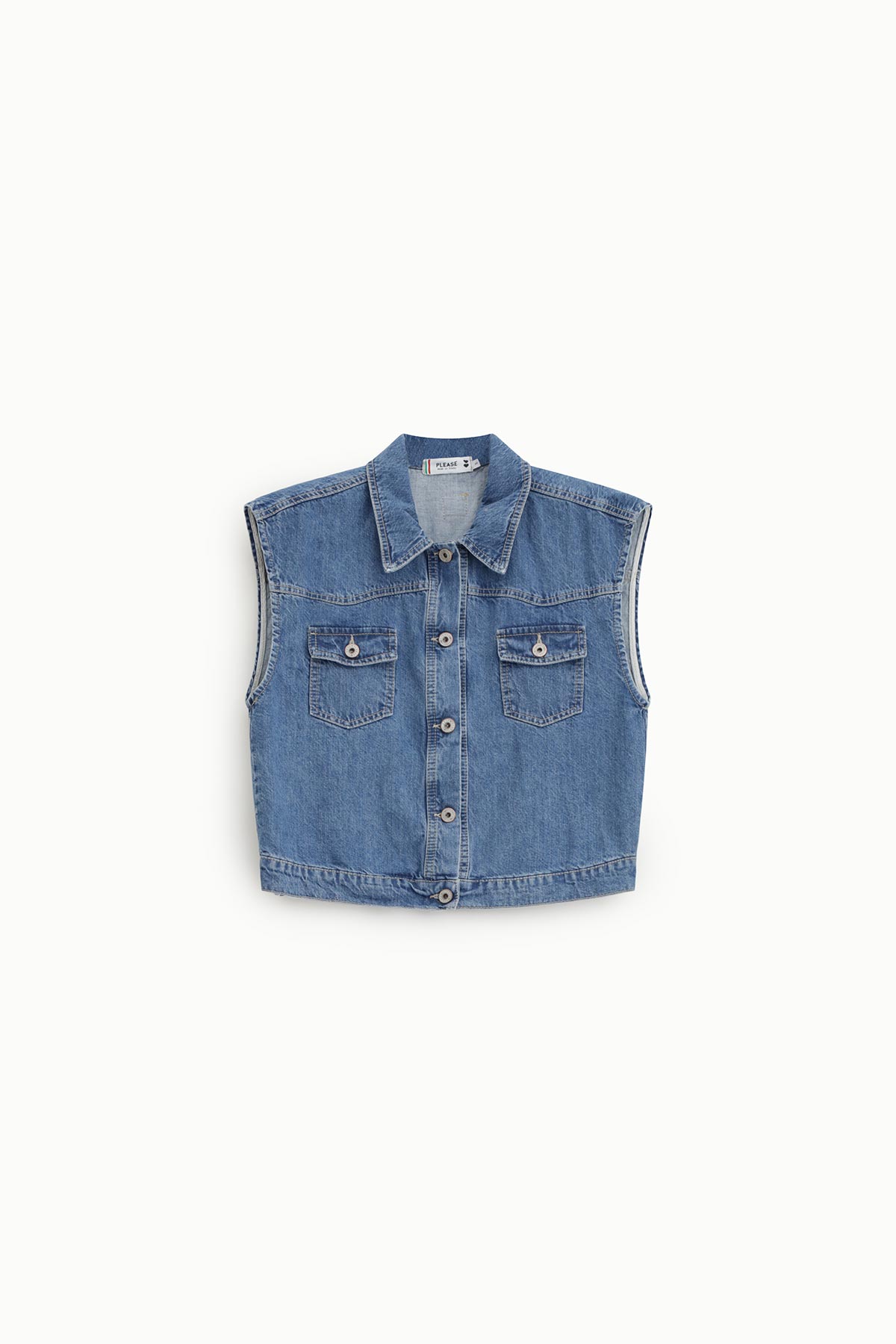 Sleeveless blue denim vest for women, button-front with two chest flap pockets, flat-lay on white background
