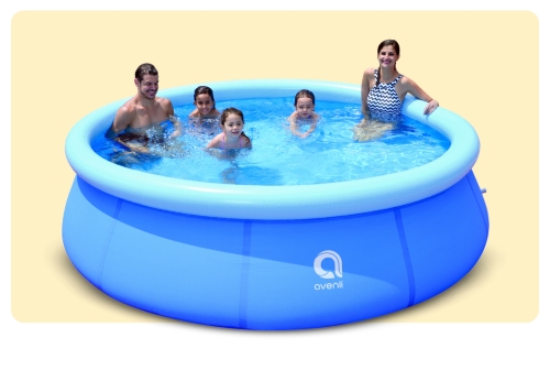 Family of two parents and three children enjoying a round blue inflatable above-ground pool on a sunny day
