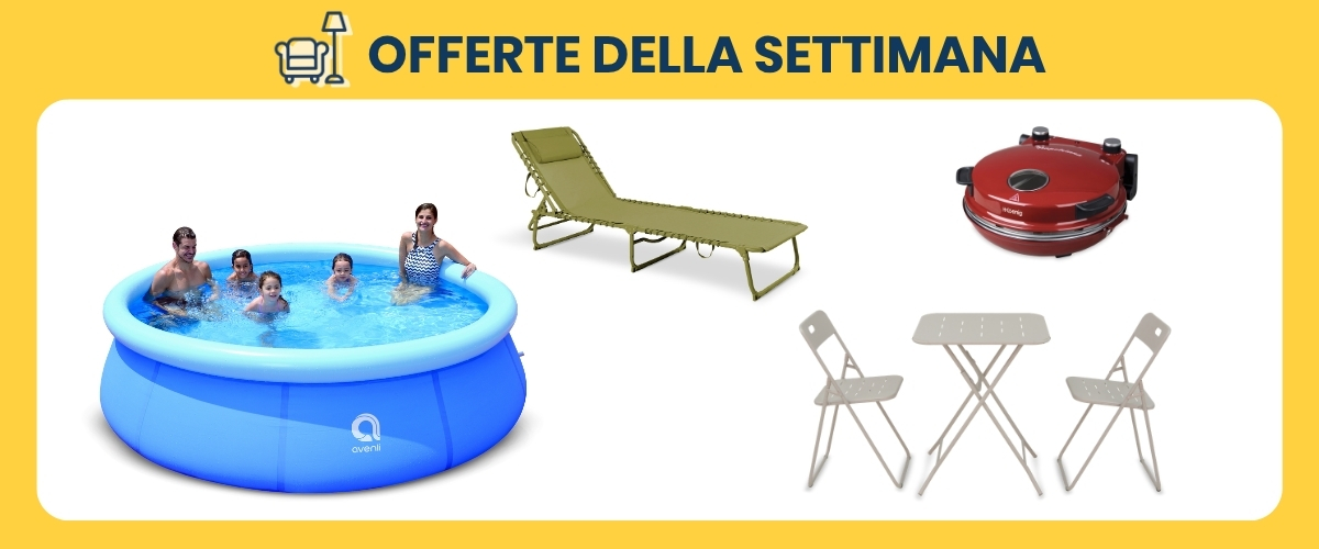 Weekly deals banner showing inflatable family pool with kids, green sun lounger, red pizza maker and beige bistro set
