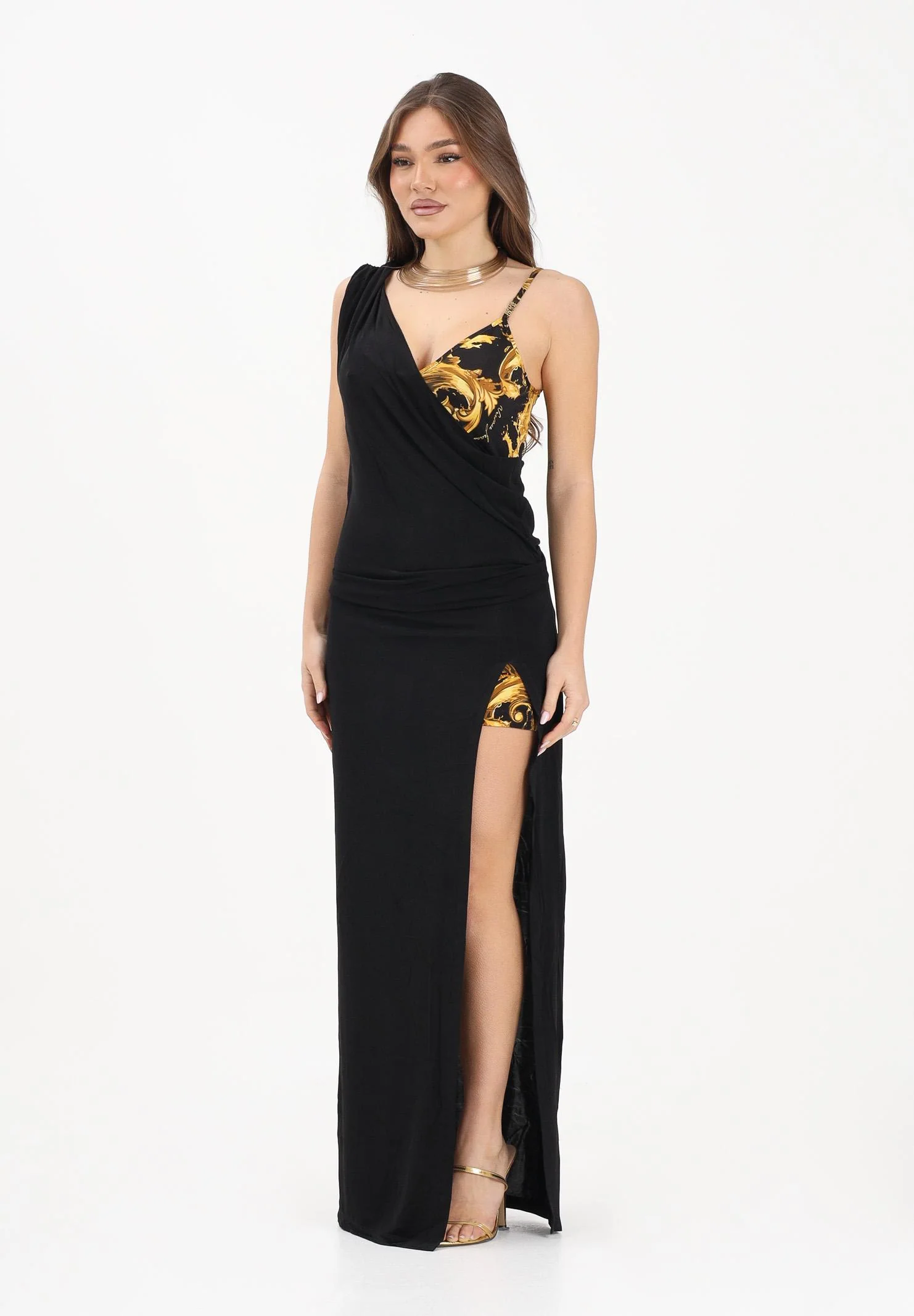 Image of VERSACE JEANS COUTURE Abito lungo nero da donna con inserto a fantasia Wave Couture