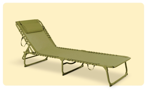 Olive-green foldable reclining lounge chair with padded headrest, portable outdoor sun lounger for camping and garden