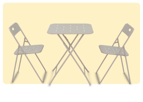 Metal folding bistro table with two matching folding chairs on pale yellow background, compact outdoor dining set