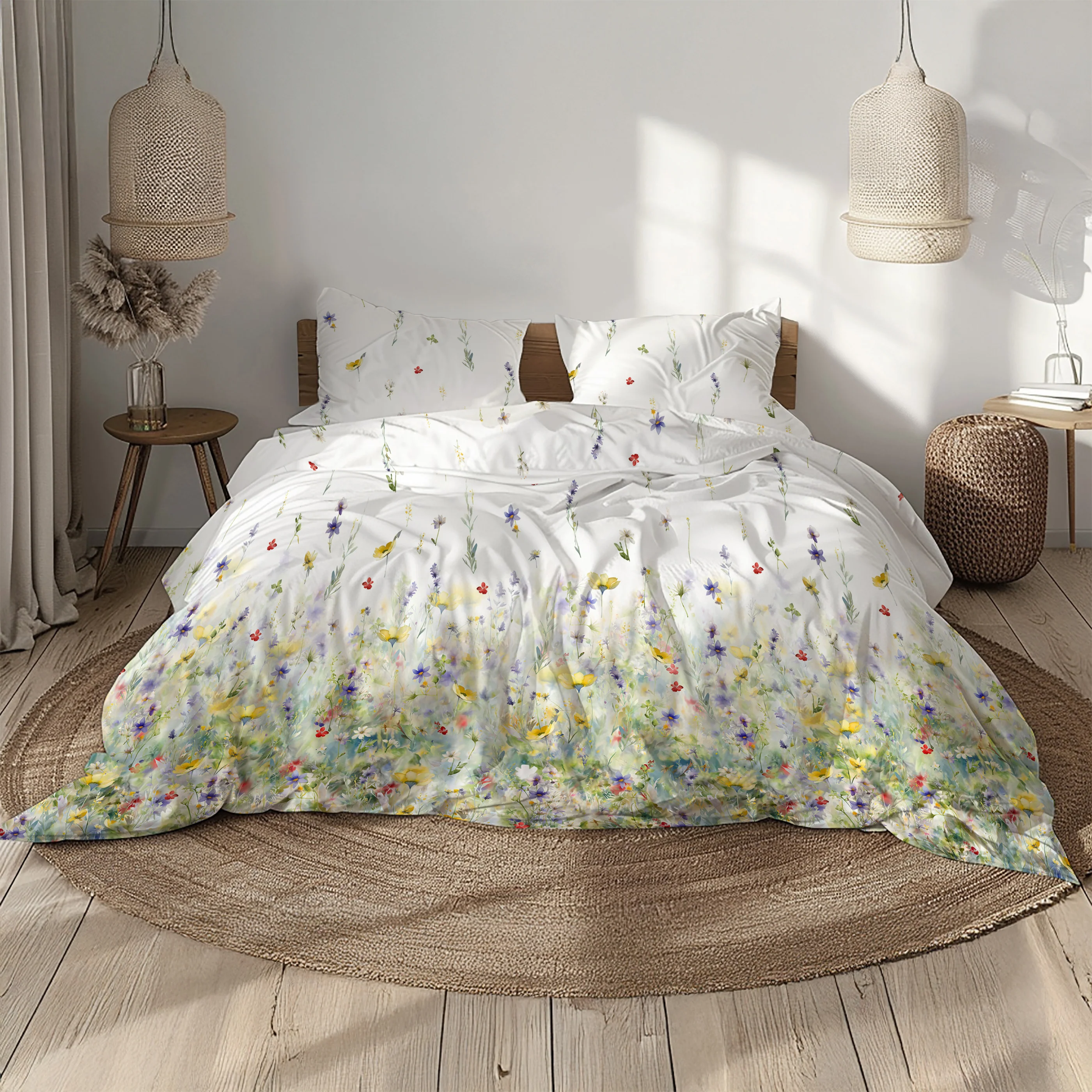 Image of Completo Lenzuola Copriletto in Percalle di <BR>Cotone con Stampa Floreale - <B>Wildflower