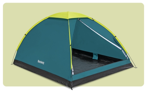 Teal and lime two-person dome camping tent with open entrance and crossed poles on a pale background