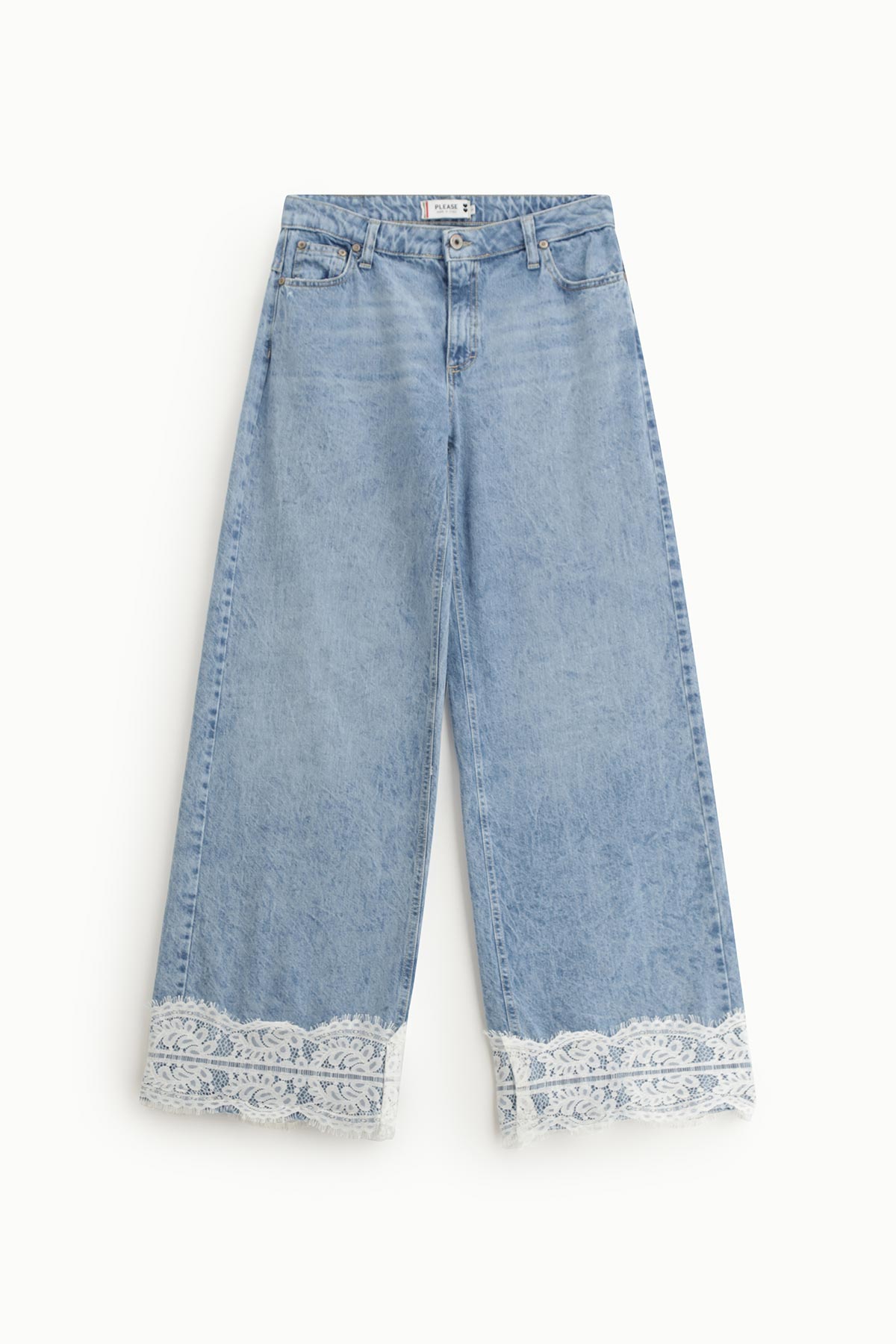 Light-blue wide-leg denim jeans with white lace trim at hem, waist with front button and pockets, flat on white background