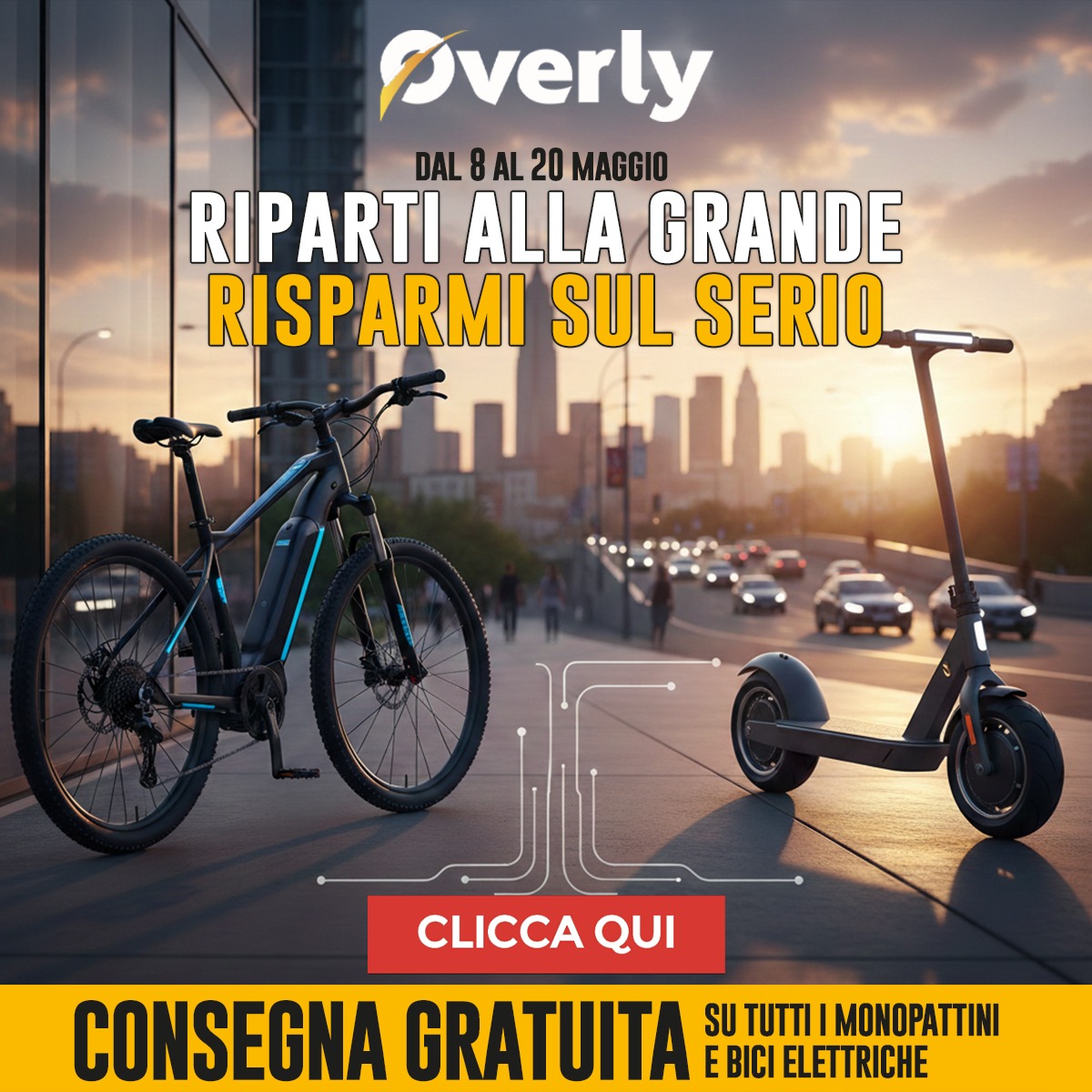 City sunset scene with electric bicycle and scooter on the pavement, promotional banner offering savings and free delivery