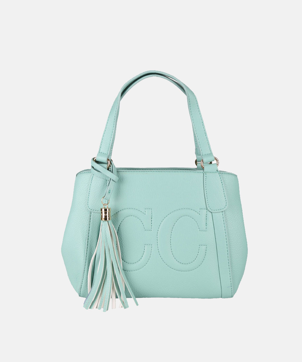 Small mint green leather handbag with stitched 'CC' logo, double top handles and tassel charm, isolated on white background