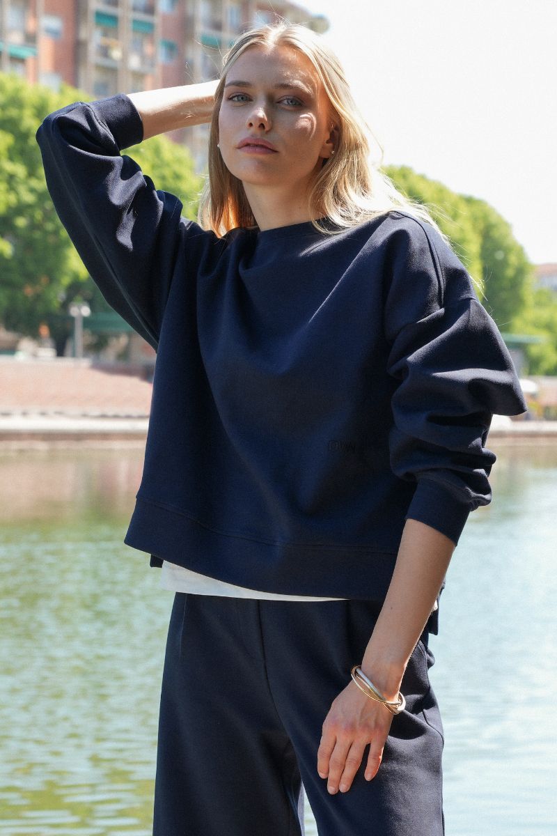 Felpa Girocollo Loose Fit in Interlock Navy