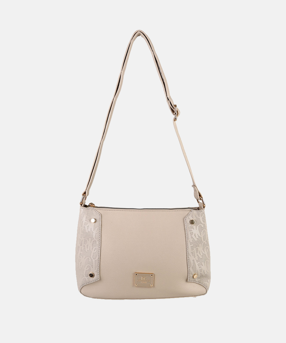 Beige leather shoulder bag with adjustable strap, monogram lace-pattern side panels and gold-tone hardware