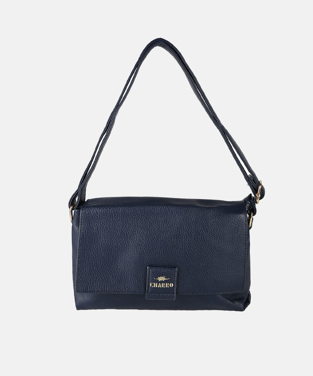 Navy pebbled leather shoulder bag with flap and gold 'CHARRO' logo, adjustable double strap — women's everyday crossbody handbag