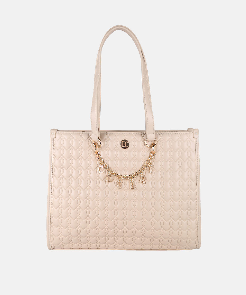 Beige quilted leather tote bag with long shoulder handles and decorative gold chain charms, structured roomy handbag