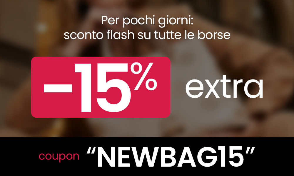 Promotional banner: extra 15% off all bags with coupon code NEWBAG15 — flash sale for a few days