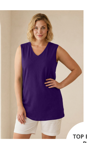 Top smanicato di cotone dalle linee morbide con scollo a V
