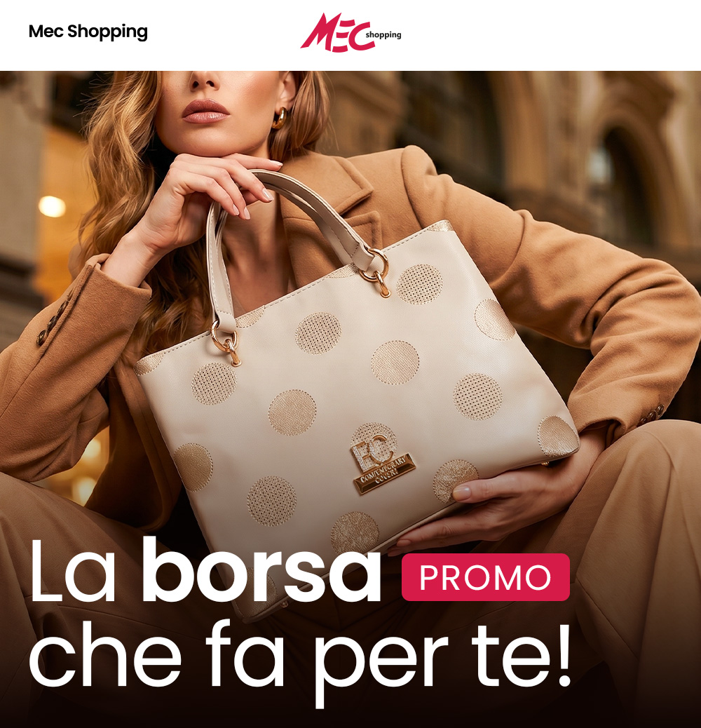 Stylish woman in camel coat holding beige polka-dot tote handbag with gold hardware, urban shopping backdrop, MEC Shopping promo