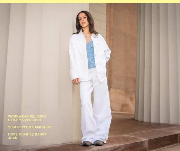 Workwear Relaxed Utility Overshirt - Slim Peplum Cami Shirt - Hope Mid Rise Baggy Jean