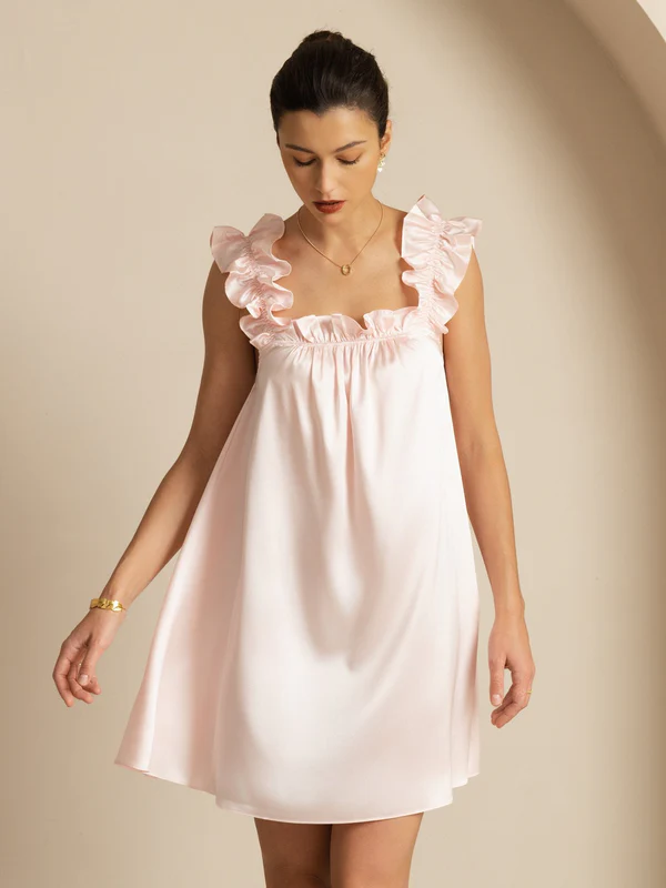 Image of Baby Doll Corto In Seta 19Momme Con Spalline A Volant Scollo Quadrato Linea Ad A