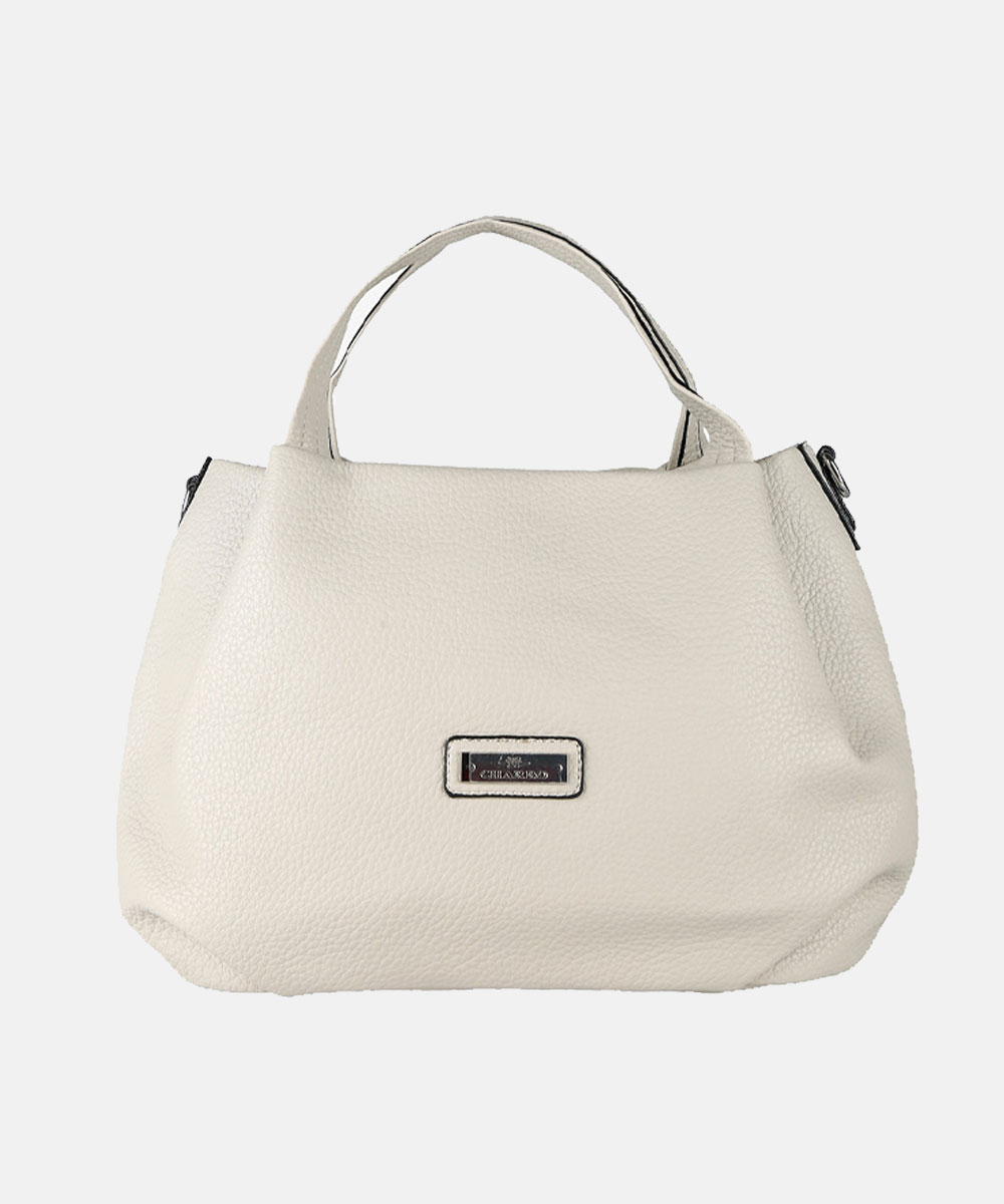 White pebbled leather handbag with double top handles and silver metal logo plaque, structured tote style