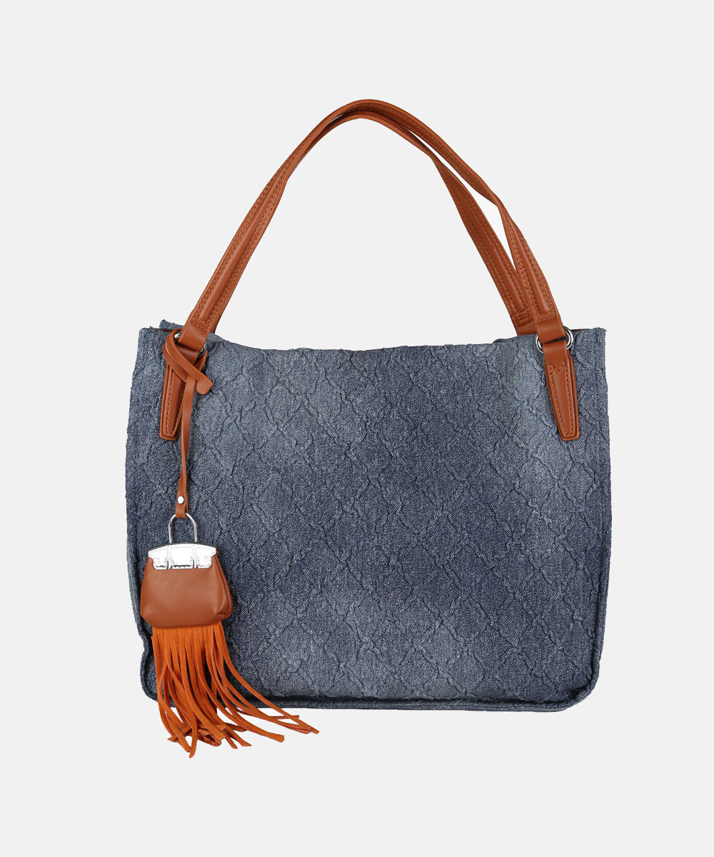 Blue textured tote bag with brown leather handles and fringe tassel charm, spacious everyday handbag