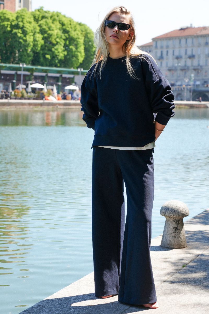 Pantalone Palazzo Loose Fit in Interlock Navy
