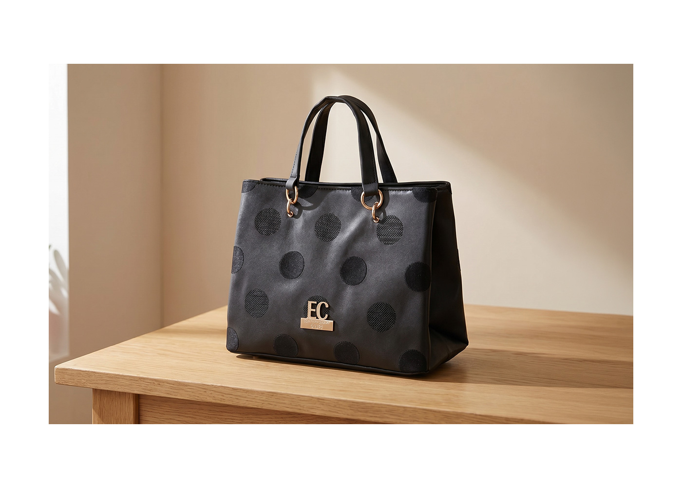 Black polka-dot leather tote bag with gold 'EC' logo and double top handles on a wooden table, studio lighting