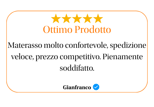 ★★★★★ Ottimo Prodotto Materasso molto confortevole, spedizione veloce, prezzo competitivo. Pienamente soddisfatto. Gianfranco