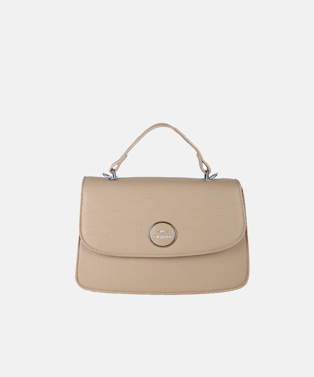 Beige textured leather top-handle handbag with curved flap and silver round logo clasp