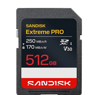 Scheda SD SanDisk Extreme PRO da 512 GB per l'archiviazione dei dati ad alta velocit&agrave;.