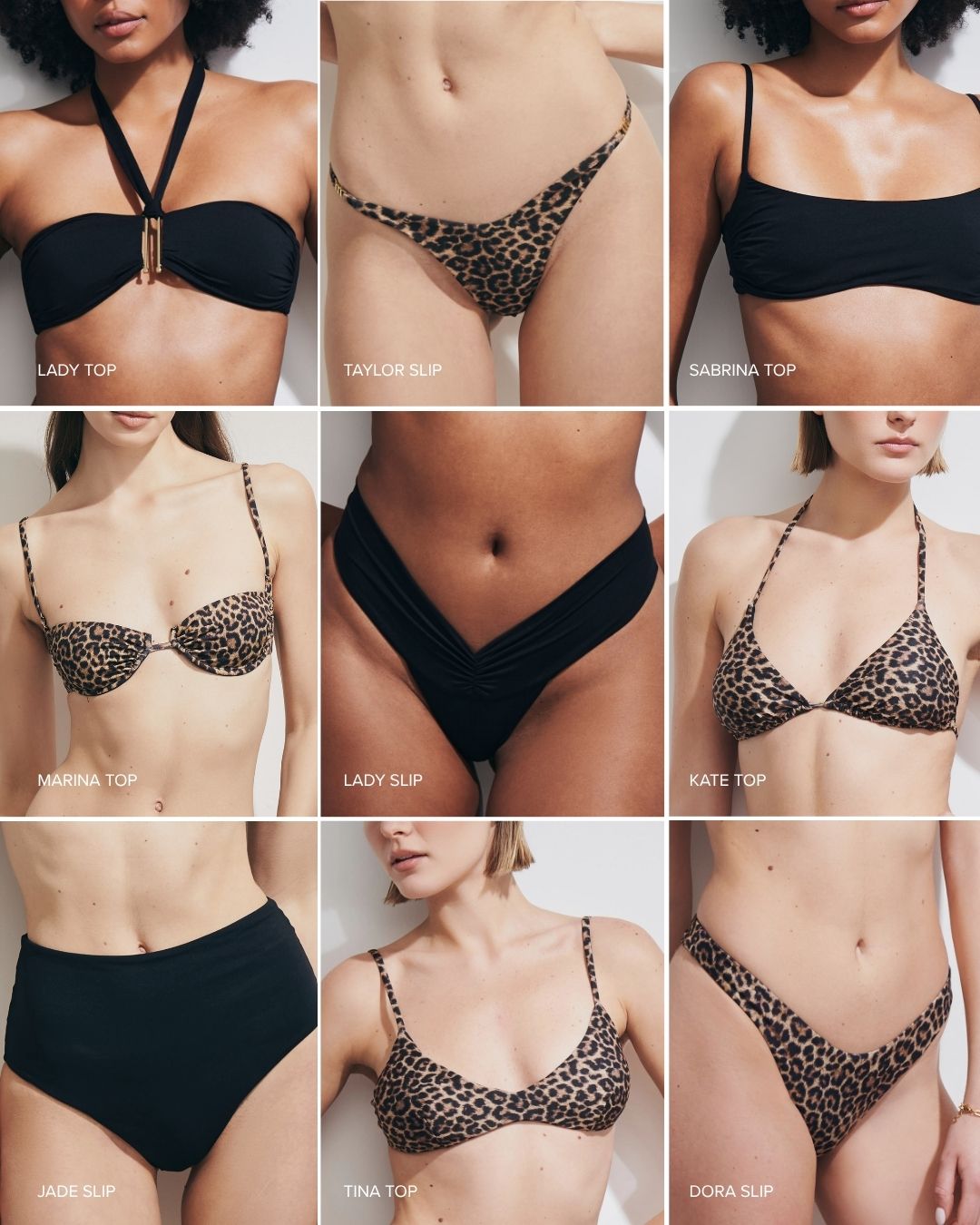 Grid of nine bikini photos showing black and leopard-print bikini tops and bottoms on torso models, labelled with product names