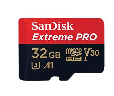 Scheda microSD SanDisk Extreme PRO da 32 GB con design rosso e nero.