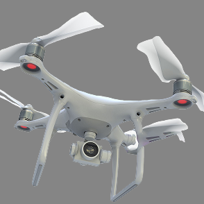 Primo piano di un drone bianco con quattro eliche e una telecamera centrale.