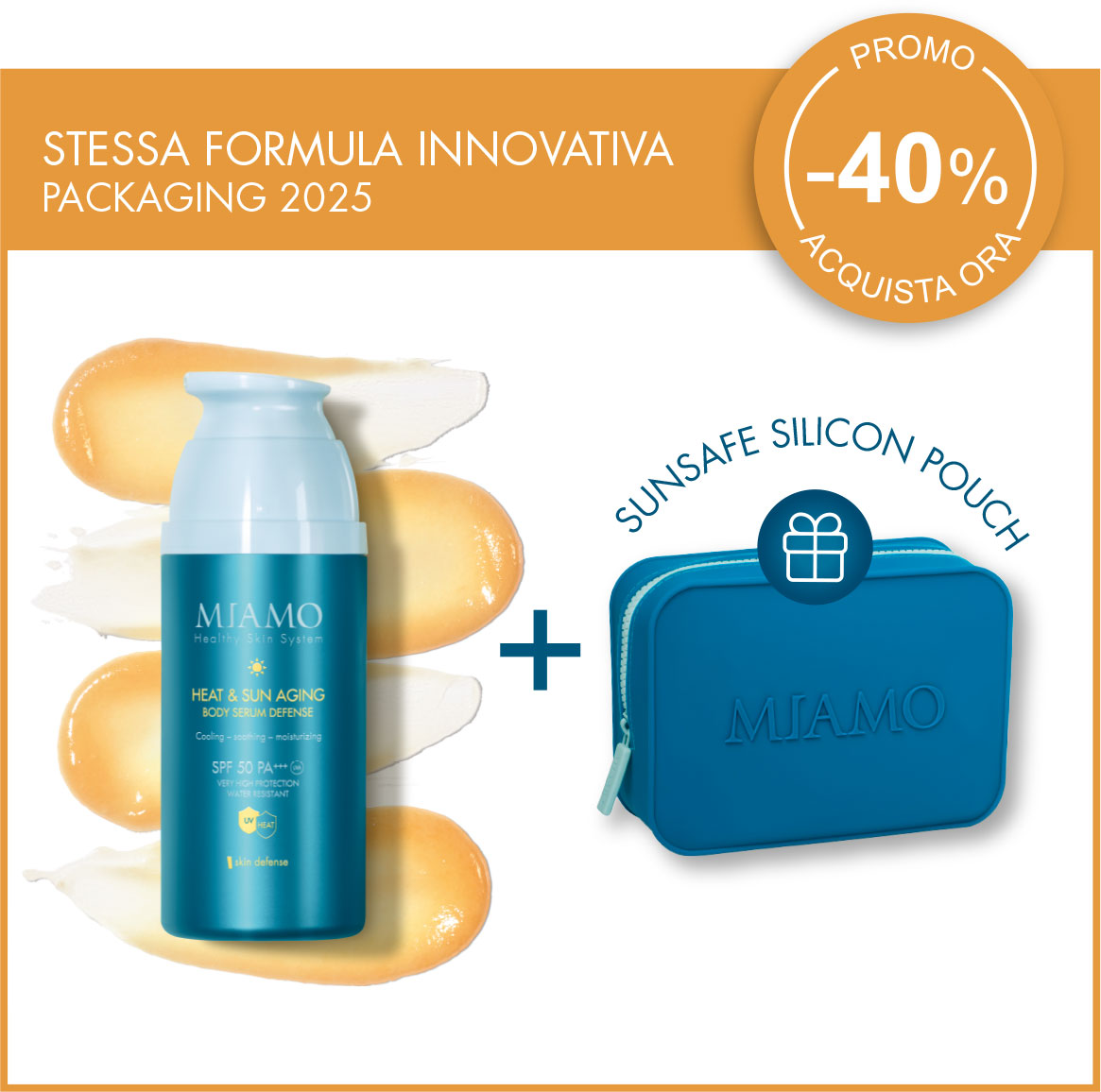 Con 2 sieri solari corpo (packaging 2025) 40% di sconto + in OMAGGIO la Sunsafe Silicon Pouch.