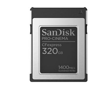 Scheda di memoria SanDisk PRO-CINEMA CFexpress con capacit&agrave; di 320 GB e velocit&agrave; di scrittura sostenuta di 1400 MB/s.