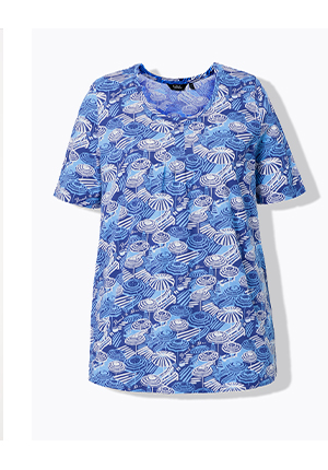 T-shirt dal taglio svasato con ombrelloni, pieghe decorative, scollo a girocollo e mezze maniche