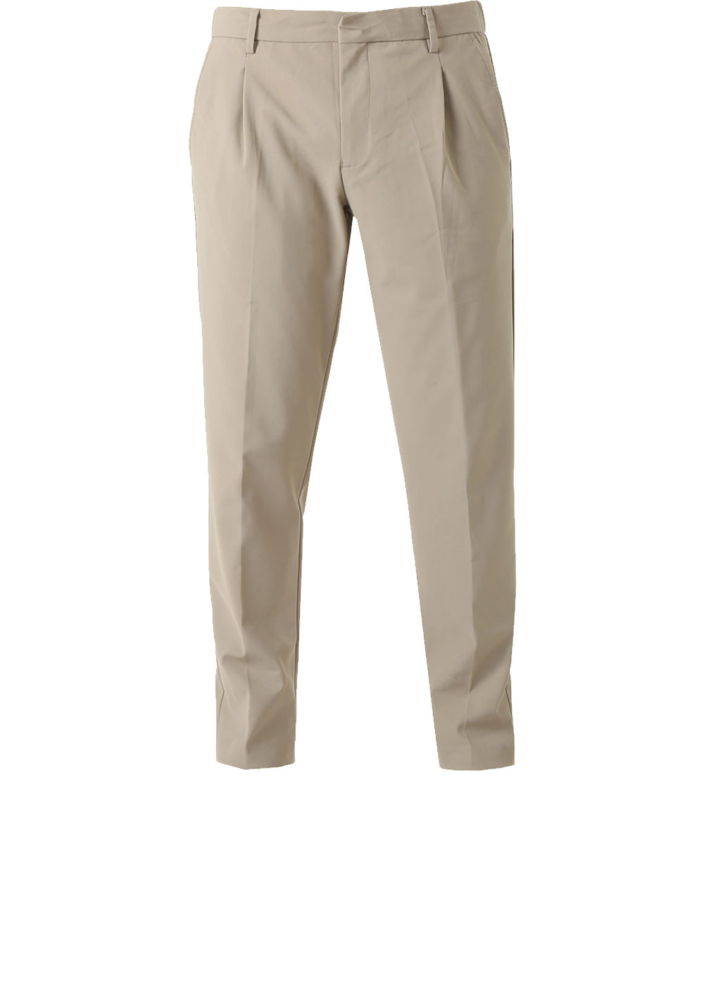 Beige men’s tailored trousers with front pleats, belt loops and side pockets, slim straight-leg smart-casual chinos