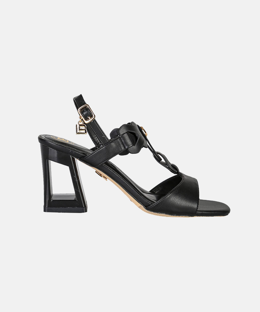 Black leather open-toe sandal with sculpted geometric block heel, braided T-strap, ankle buckle and gold-tone accents