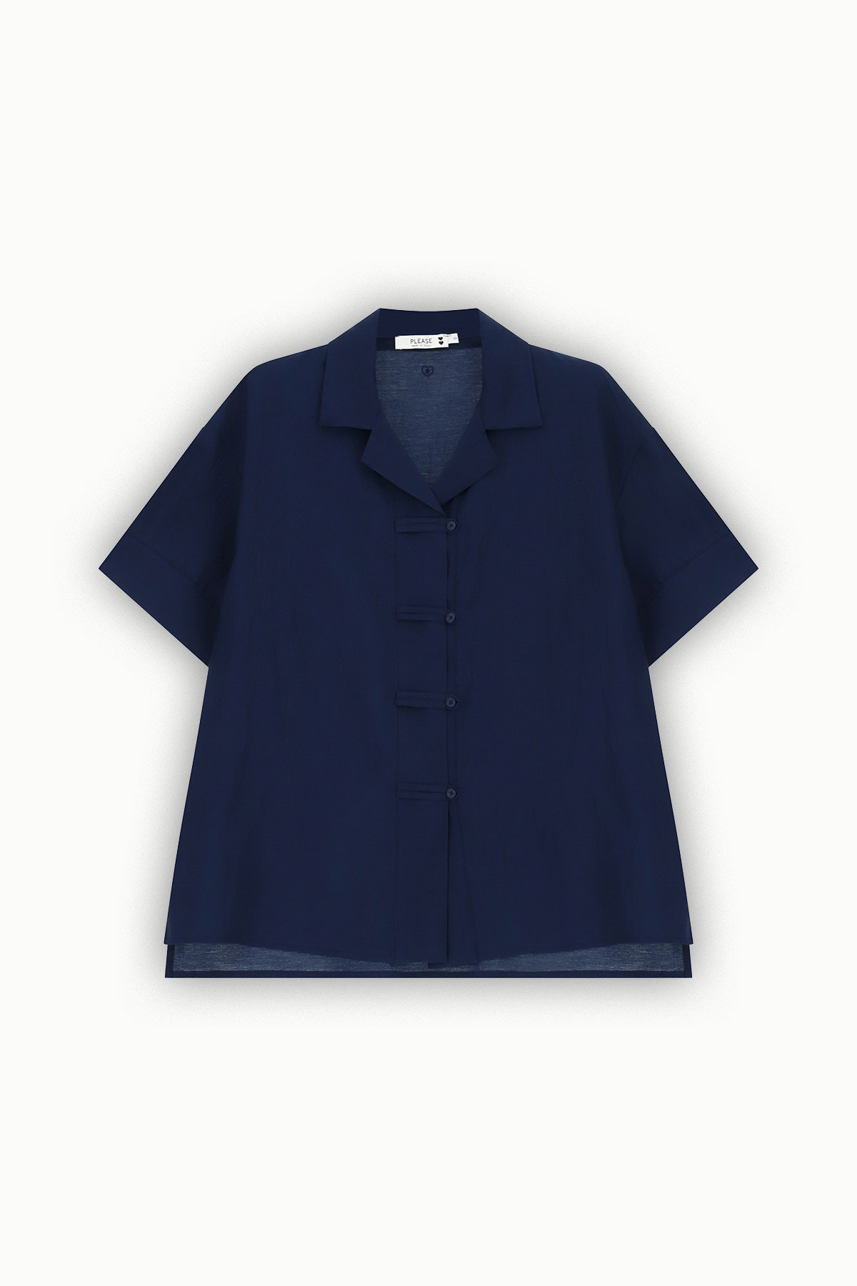 Women's navy short-sleeve boxy shirt with camp collar and five Mandarin-style frog buttons, lightweight summer top