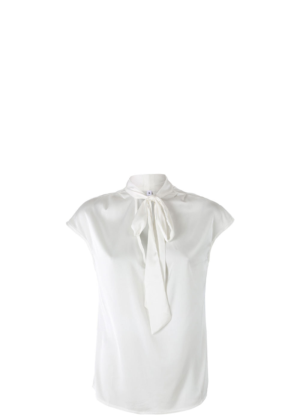 White satin cap-sleeve women's blouse with high-neck tie bow, elegant sleeveless top for work or formal occasions