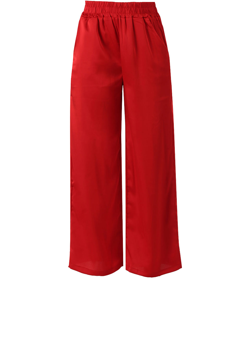 Red wide-leg satin trousers with elasticated waistband and side pockets, full-length women's relaxed-fit dress pants