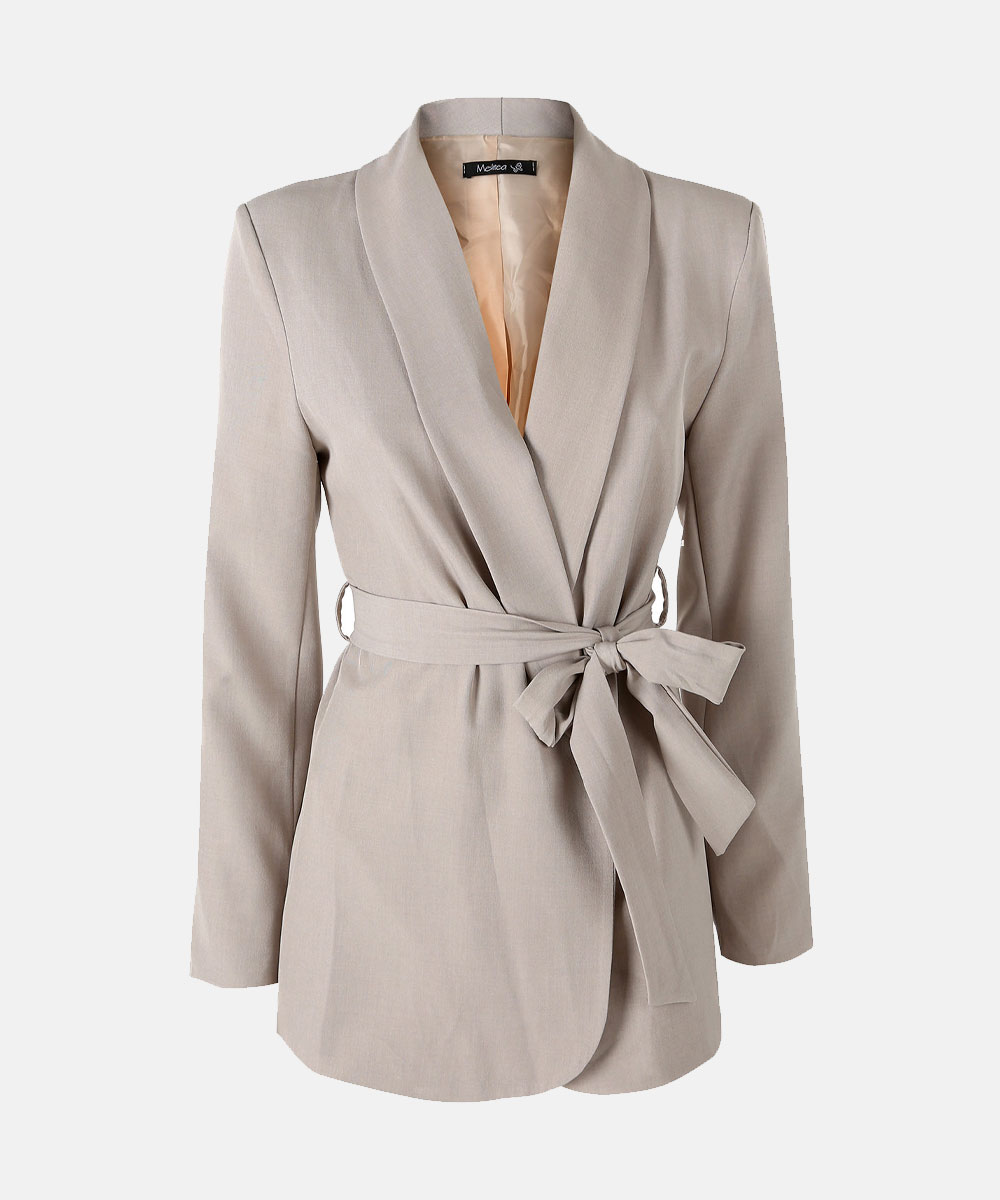 Beige women's long-sleeve belted blazer with shawl collar and tied waist bow, tailored lightweight jacket