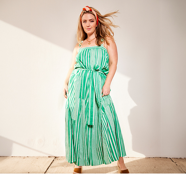 Maxi abito dal taglio smanicato con righe e scollo rettangolare a punto smock