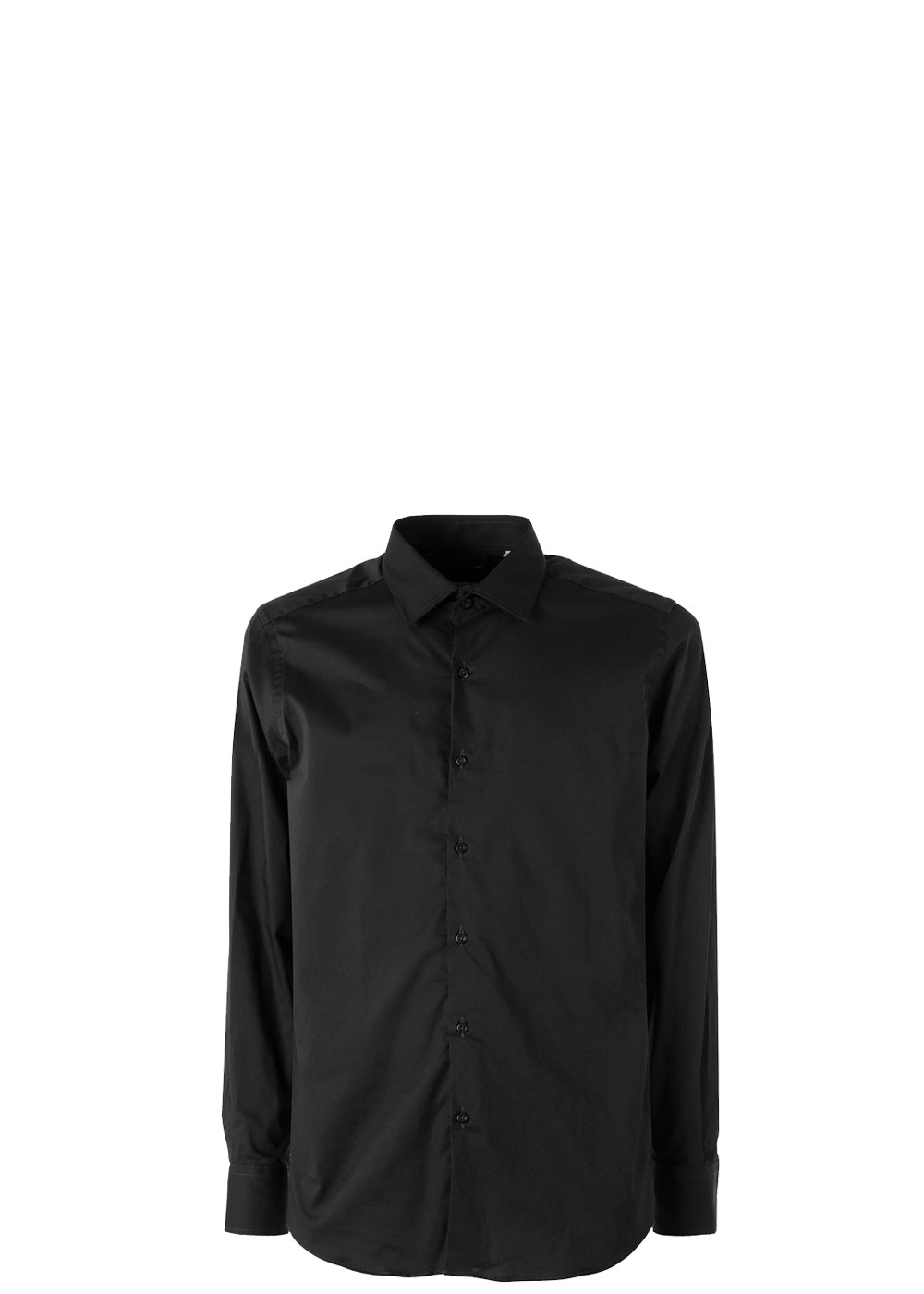 Men's black long-sleeve button-front dress shirt with point collar on white background