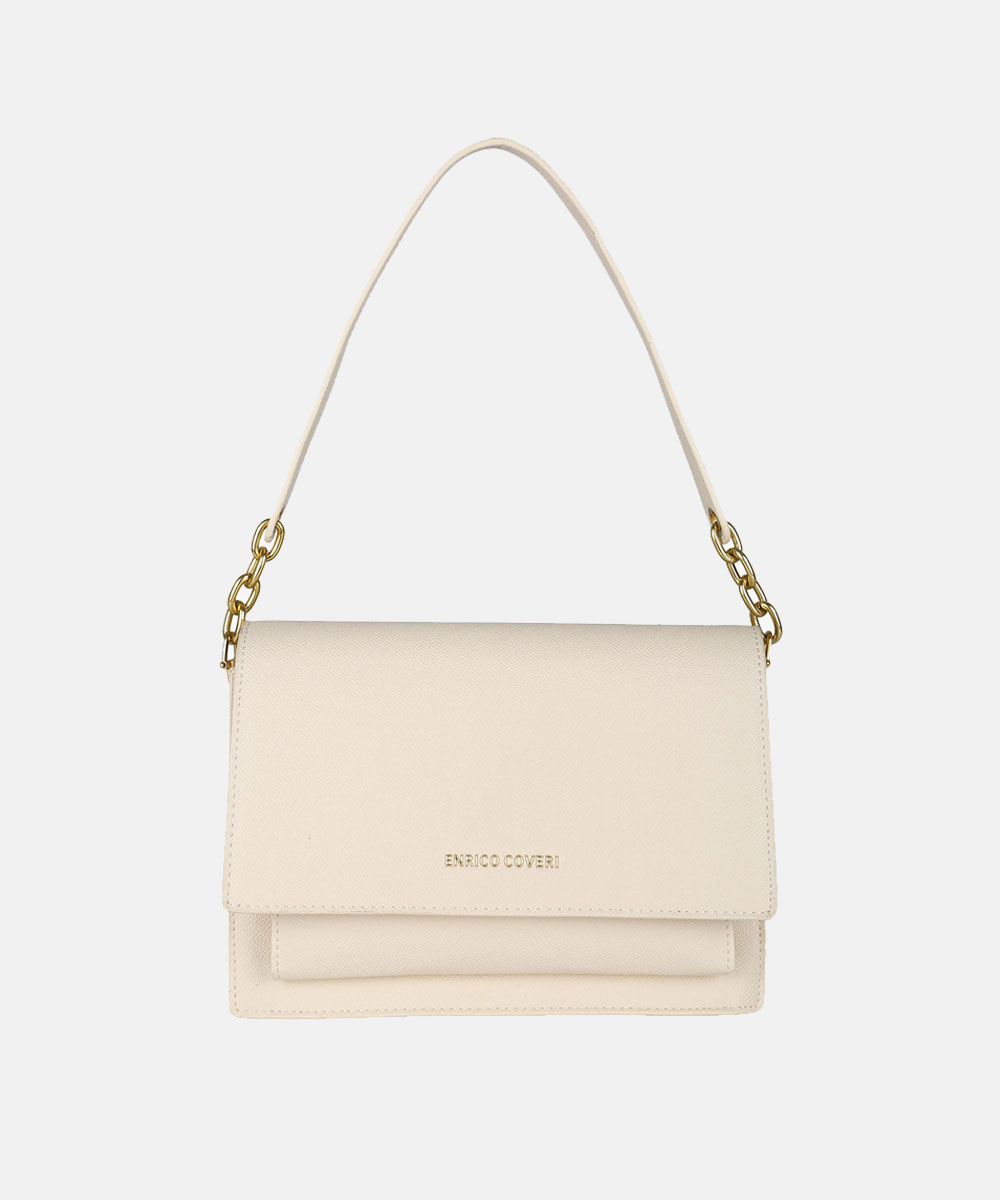 Cream leather shoulder bag with flap front, gold chain-link strap details and embossed 'ENRICO COVERI' logo